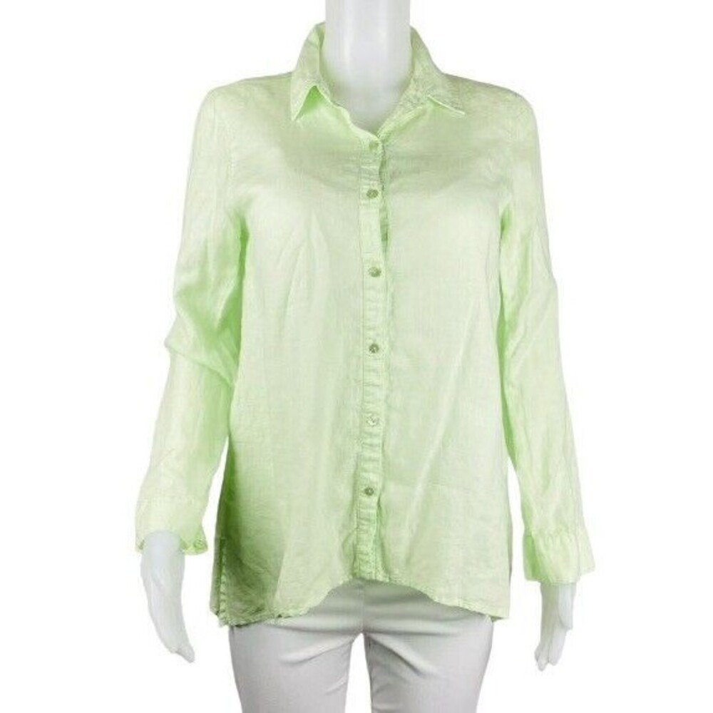 F. Eileen Fisher Linen Shirt Size PS Green Button Long Blouse Collared